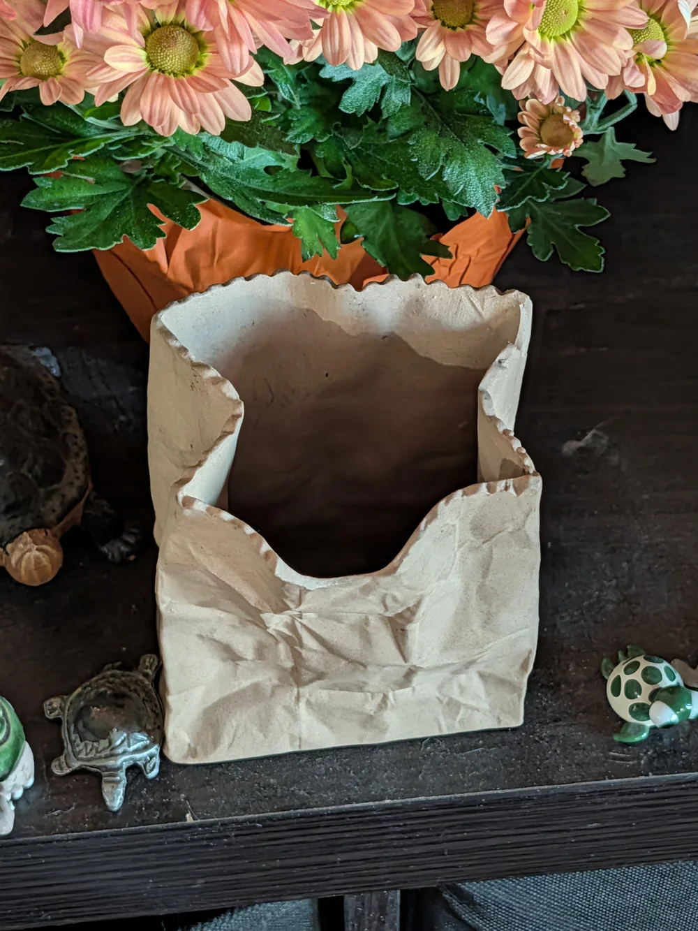 Vintage Ceramic Brown Paper Bag Vase 4.5